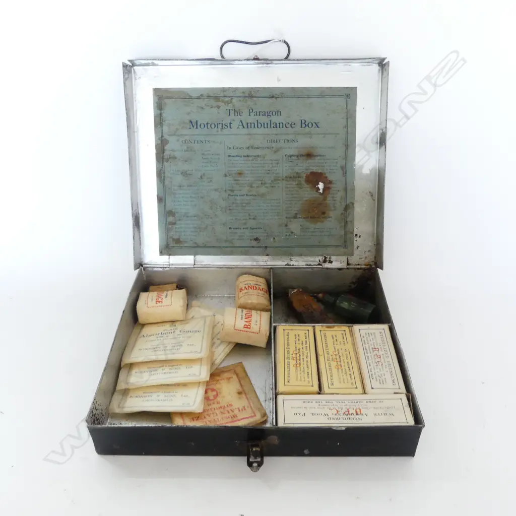 EARLY 20thC 'THE AMBULANCE CASE' FORST AID KIT black tin case with some contents 290 x 240mm Image 1++