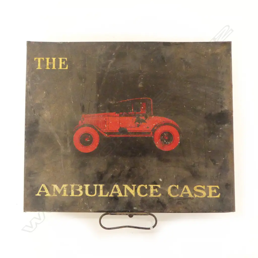EARLY 20thC 'THE AMBULANCE CASE' FORST AID KIT black tin case with some contents 290 x 240mm Image 1++