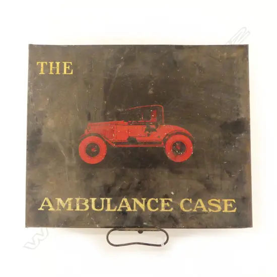 EARLY 20thC 'THE AMBULANCE CASE' FORST AID KIT black tin case with some contents 290 x 240mm