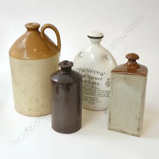 4 COLONIAL STONEWARE BOTTLES: THE MECCA + HOTWATER + INK + HANDLED CROCK dipped in brown glaze