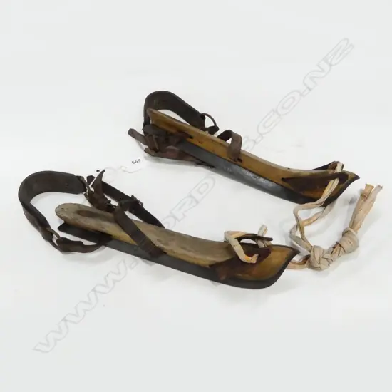 PR OLD ICE SKATES wood steel & leather
