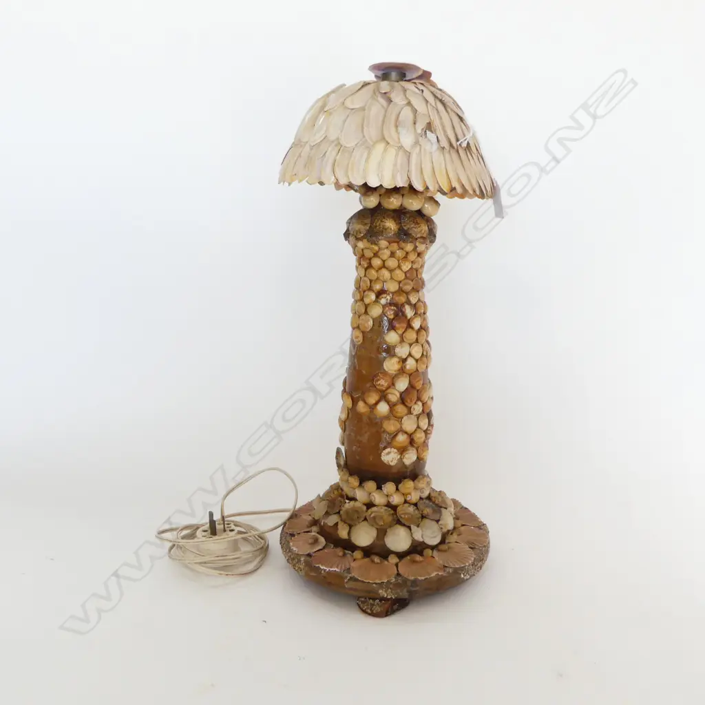 OLD FOLK ART SHELL LIGHT & SHADE 2 PCES. some losses H.470mm Image 1++