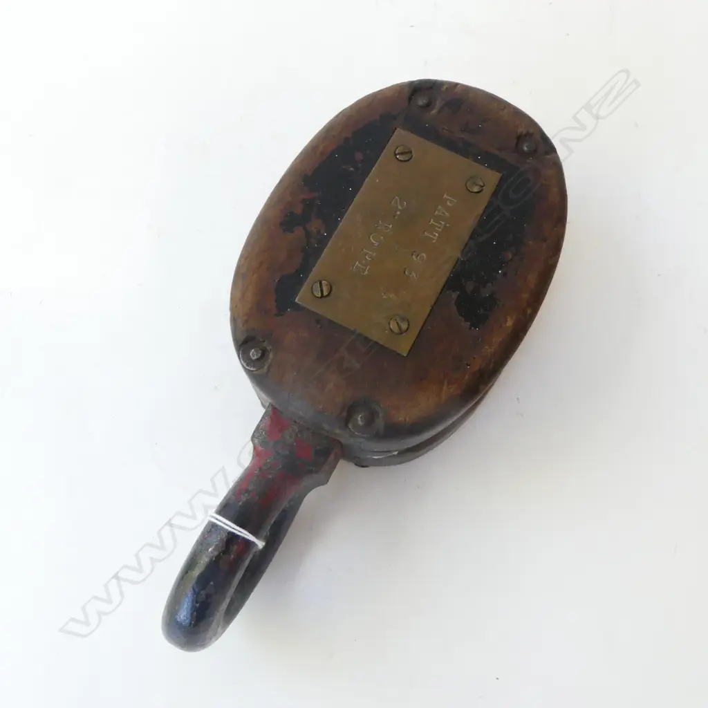 ANTIQUE WOODEN SHIPS PULLEY W. BRASS PLAQUE ‘PATT 93, 2’ ROPE’, L.290MM Image 1++