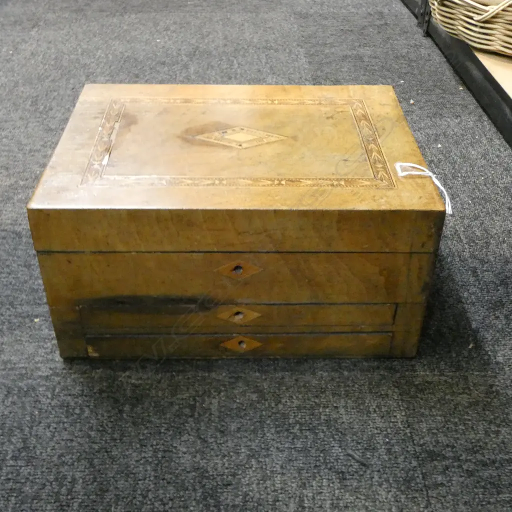 VICTORIAN WALNUT INLAID & FITTED JEWEL BOX some small veneer faults Image 1++