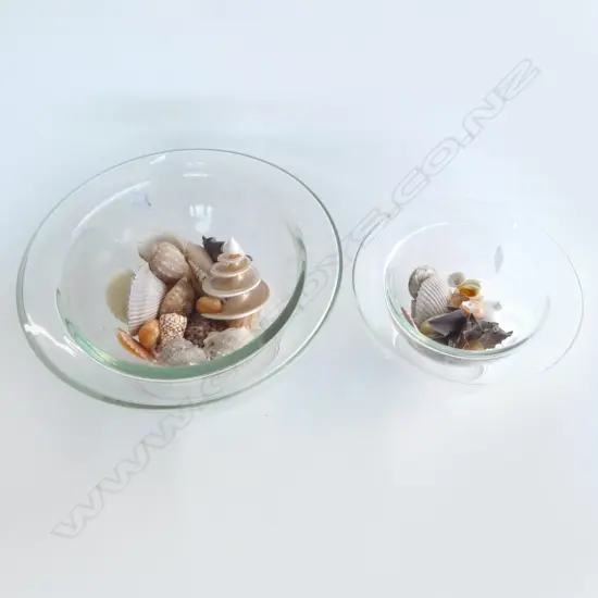 2 LARGE COUNTRY ROAD GLASS DISPLAY BOWLS  DIA350 LARGEST WITH BEACH SHELLS