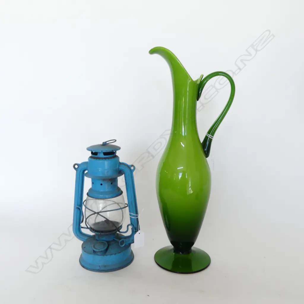 GREEN ART GLASS JUG H.435mm + BLUE LANTERN H.250mm Image 1++