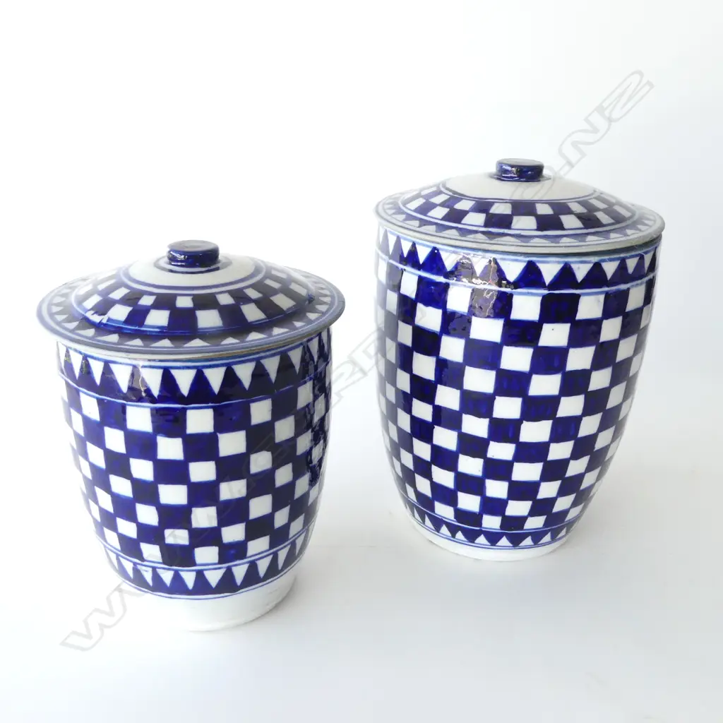 2 LARGE STUDIO POTTERY BLUE & WHITE CHEQUERED LIDDED POTS H350MM TALLEST Image 1++