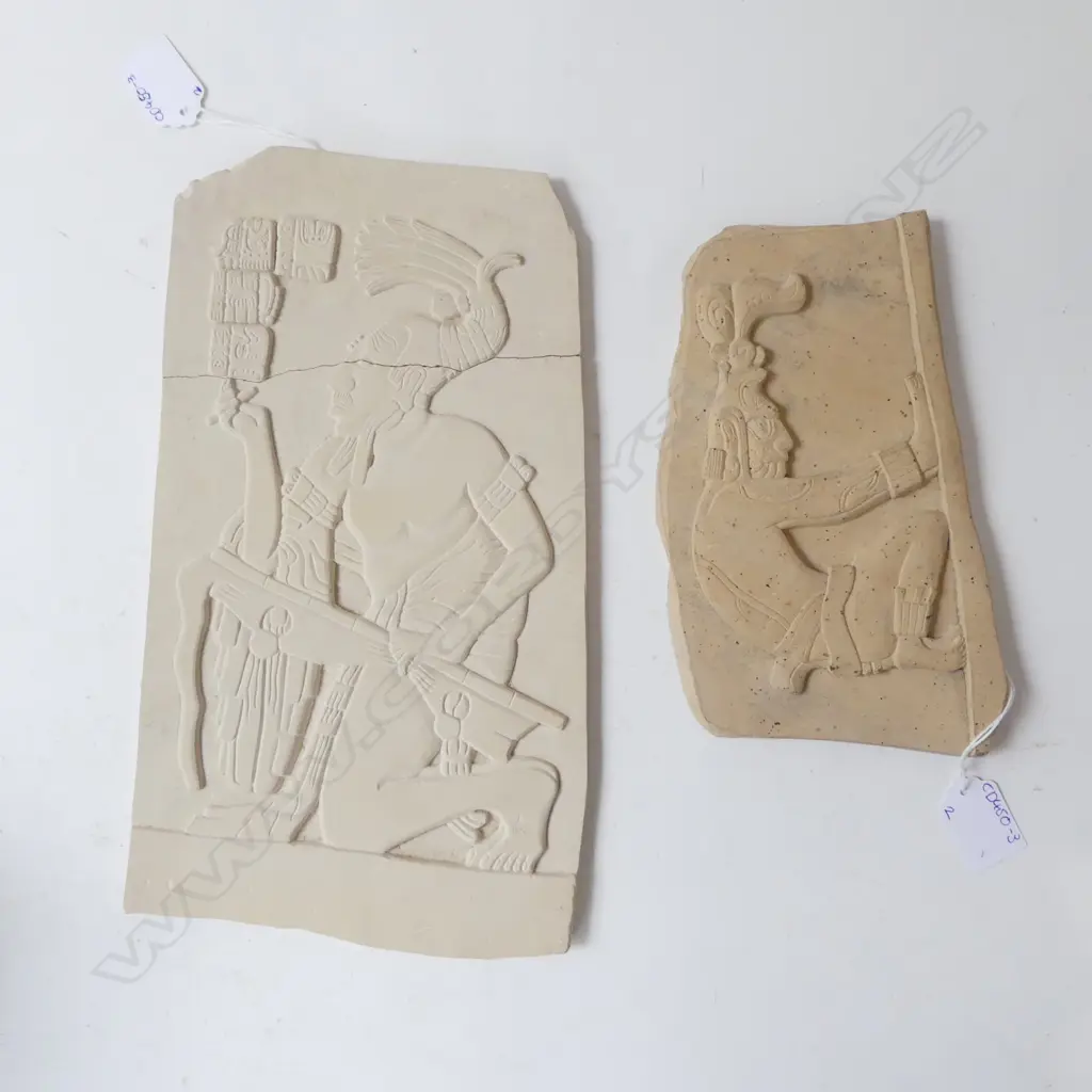 2 CONTEMPORARY MAYAN RELIEFS (1 BROKEN); Sandstone, largest L.300mm Image 1++