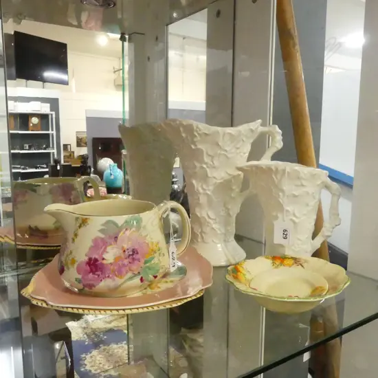 2 WHITE SLYVAC JUGS TALLEST 200MM & 5 PCS HONEY GLAZED CHINA