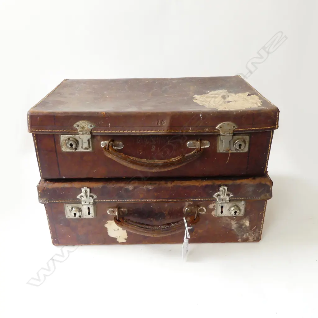 2 OLD STITCHED LEATHER TRAVEL CASES largest length 405mm Image 1++