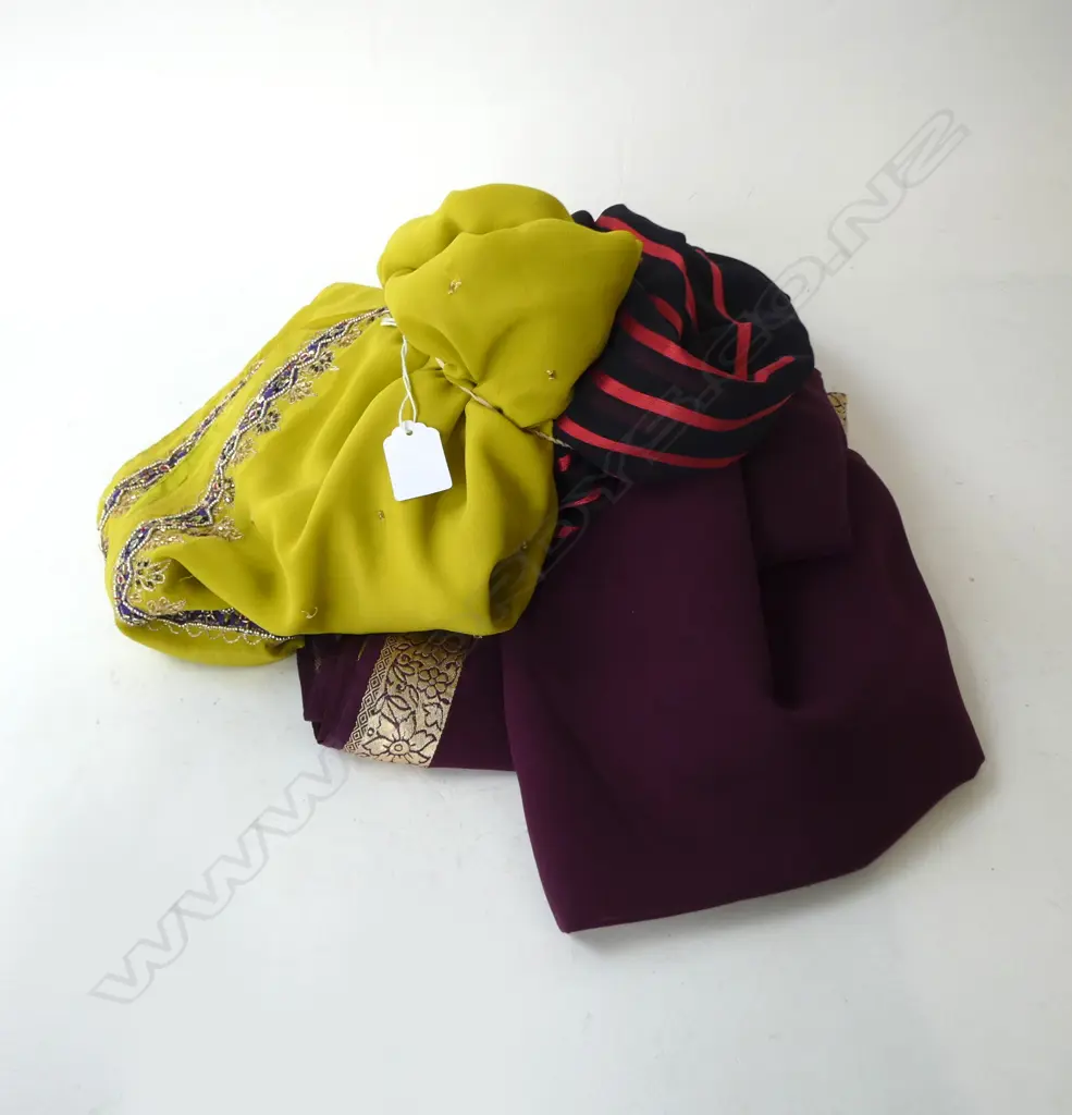 3 INDIAN SARI: MAUVE + RED & BLACK STRIPED + MUSTARD Image 1++