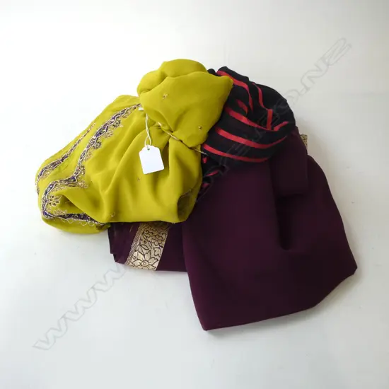 3 INDIAN SARI: MAUVE + RED & BLACK STRIPED + MUSTARD