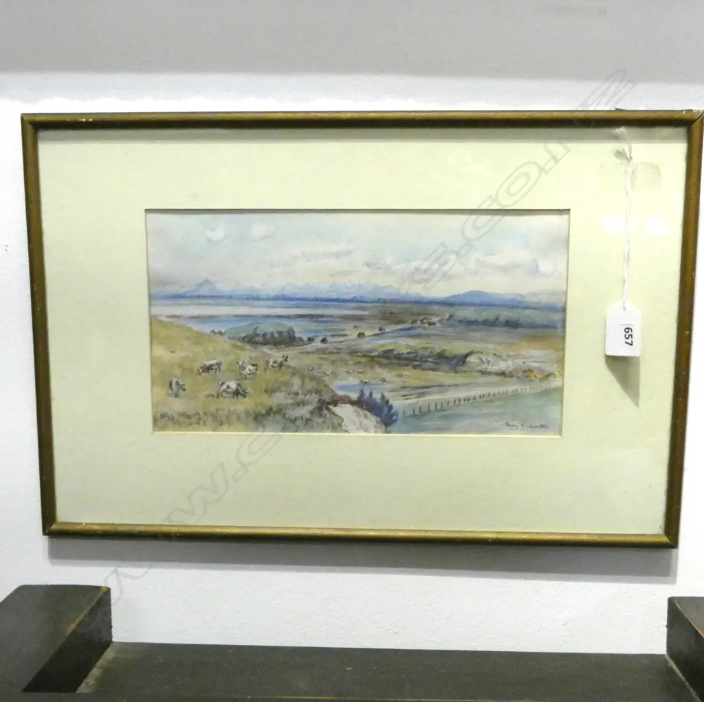 FANNY RICHARDSON (NZ 1872-1954) 'VIEW FROM HILLS NEAR KAITUNA LOOKING TOWARDS SOUTHERN ALPS + LAKE ELLESMERE' WC 150x280 Image 1++