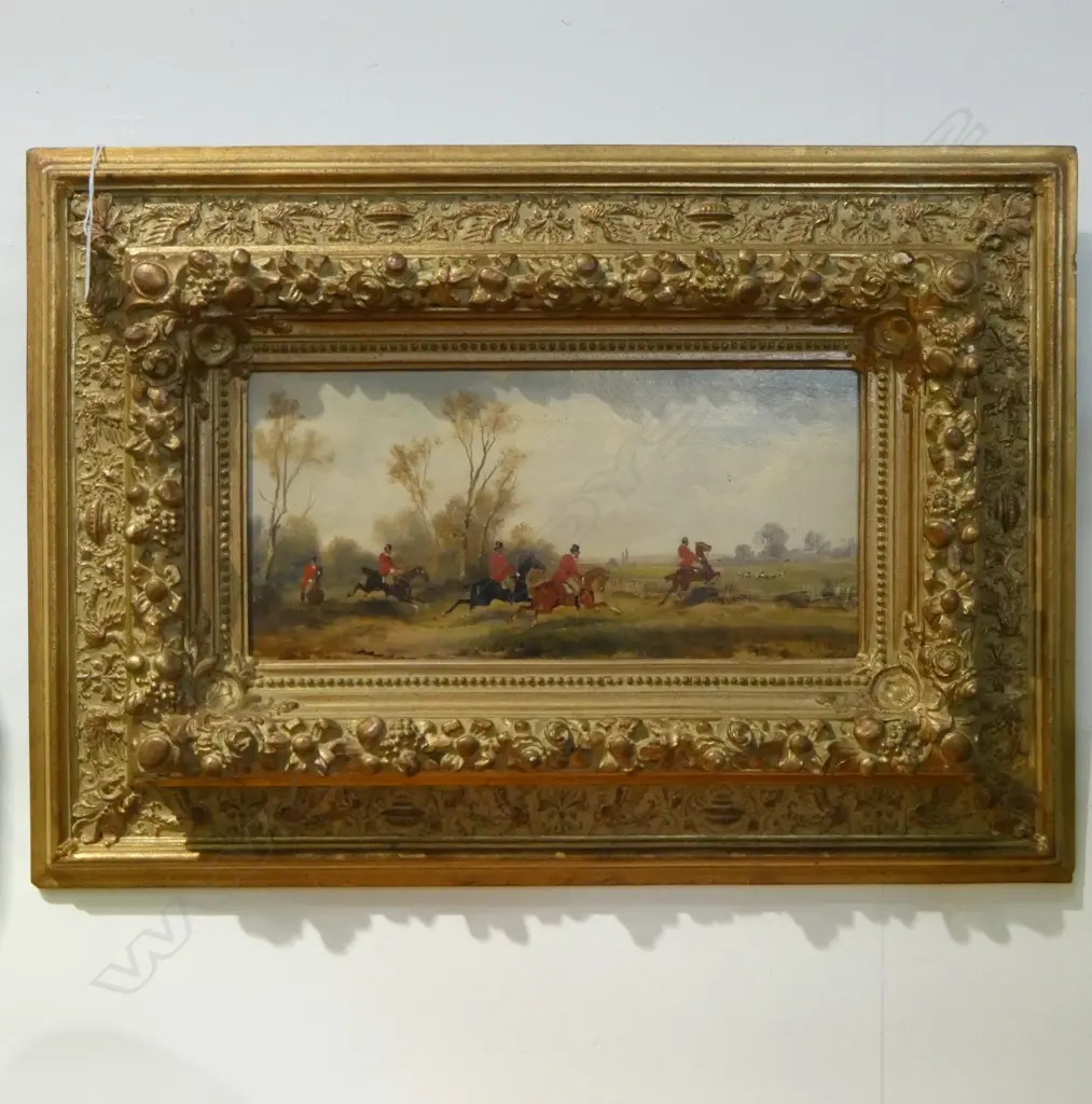 J. WOOG, 19thC ENGLISH HUNTING SCENE, OIL ON BOARD, 145 x 345mm Image 1++