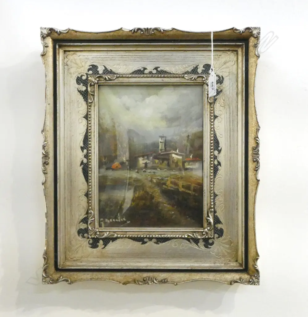 ITALIAN OIL ON BOARD RURAL SCENE SIGNED E GALADIO H220 L160MM Image 1++