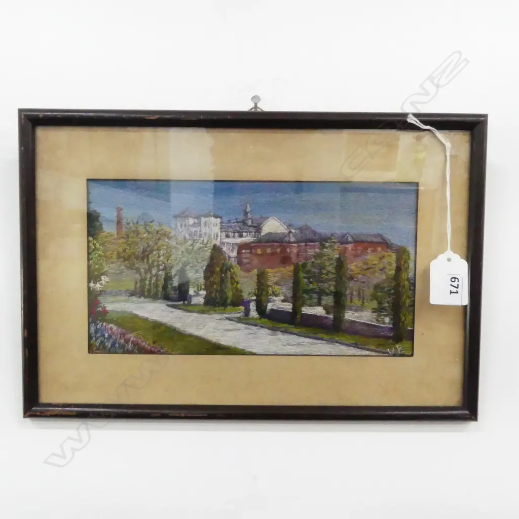 NZ ARTS & CRAFTS FRAMED EMBROIDERY SCENE OF AUCKLAND HOSPITAL FROM WINTER GARDENS INITILED VP H120 L230MM Image 1++