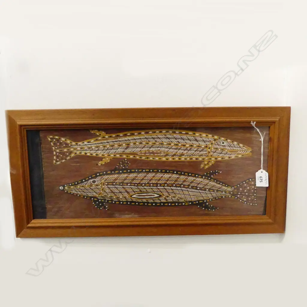 FRAMED ABORIGINAL BARK PAINTING BARAMUDI H190 L470MM Image 1++