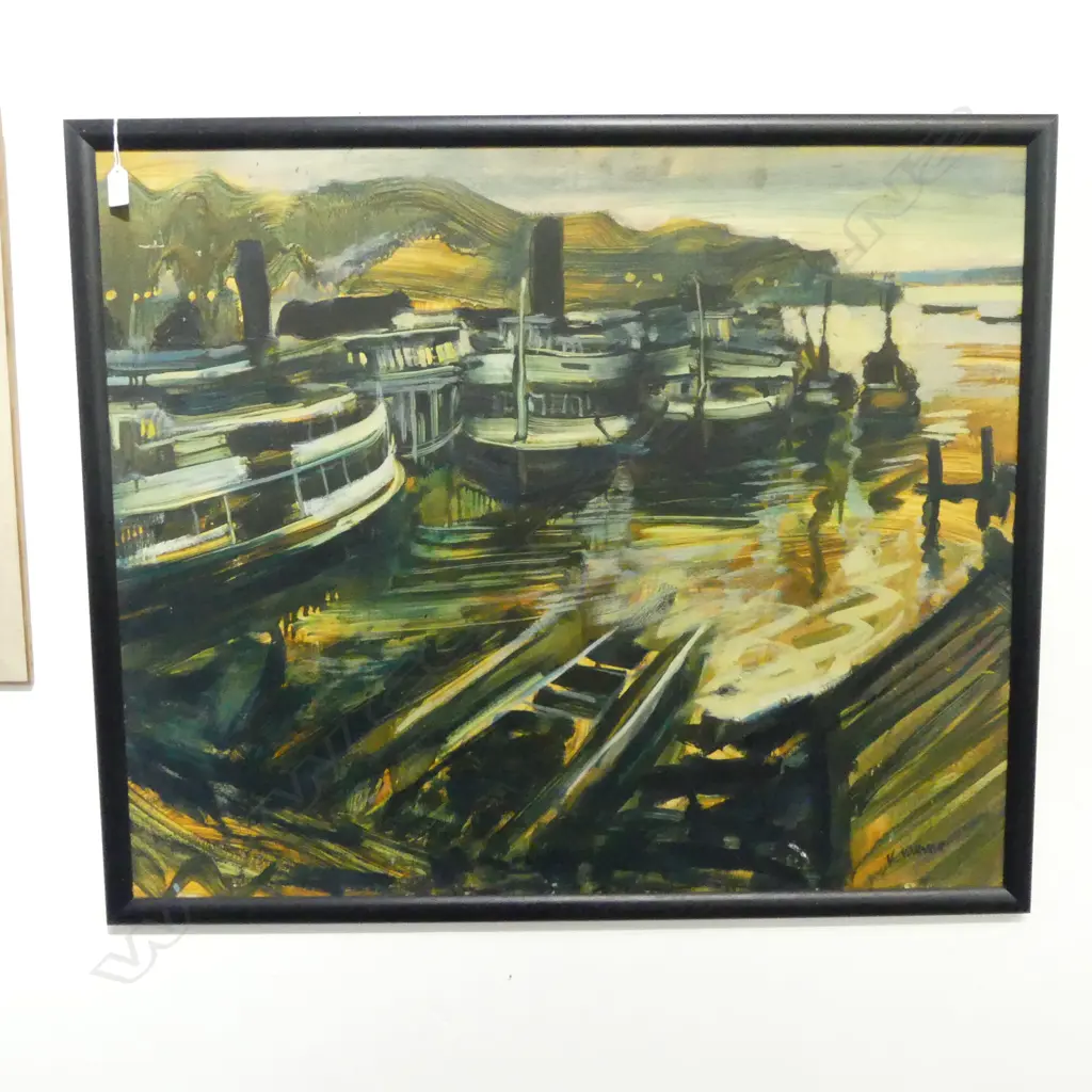 JOHN HORNER, BOATS & LANDSCAPE, OIL ON BOARD, 730x880mm (ex JOHN POOLE ESTATE reverso) Image 1++