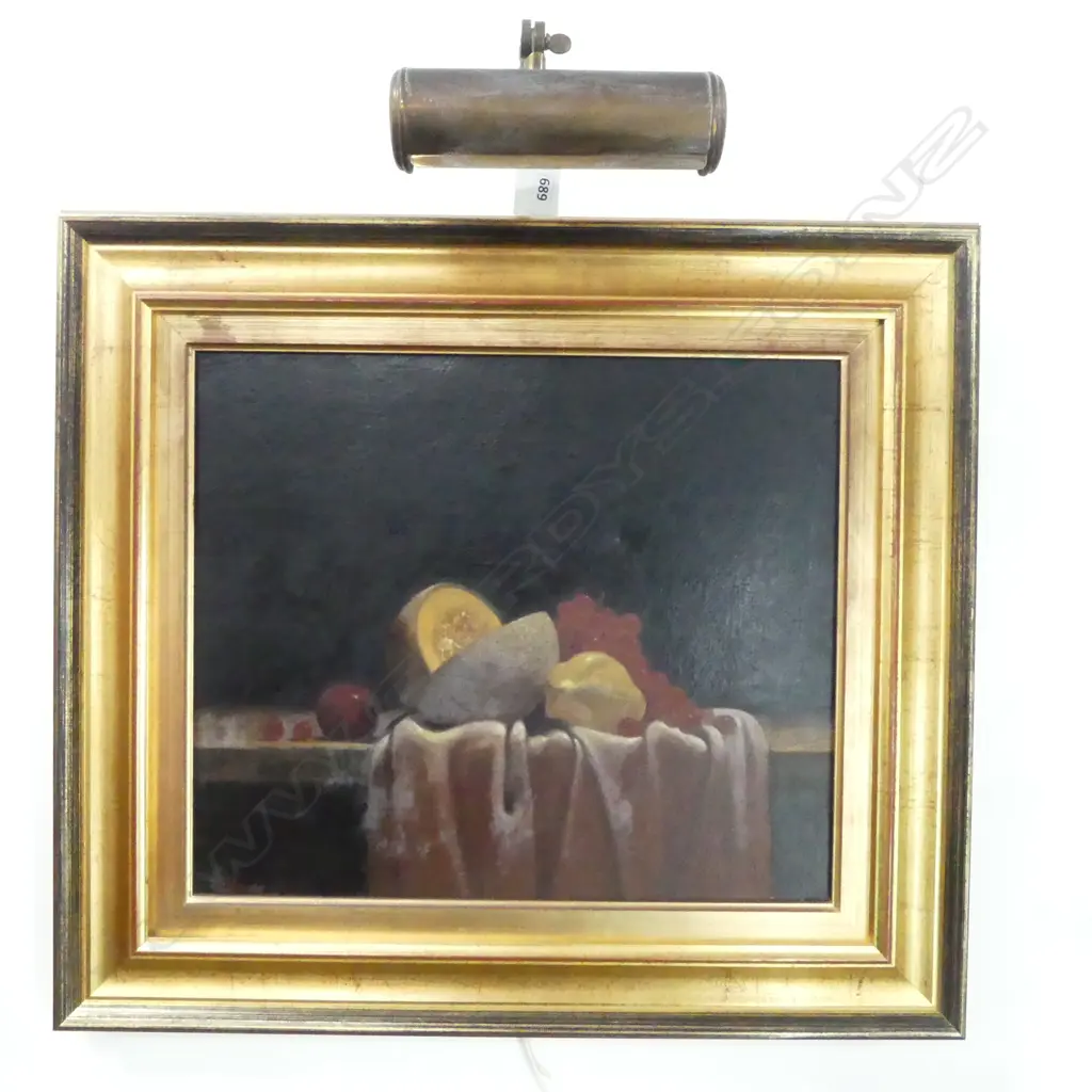 STILL LIFE OIL ON BOARD, SIGNED 'HAUGEN', OIL ON CANVAS, 330x390mm w. LIGHT FITTING Image 1++