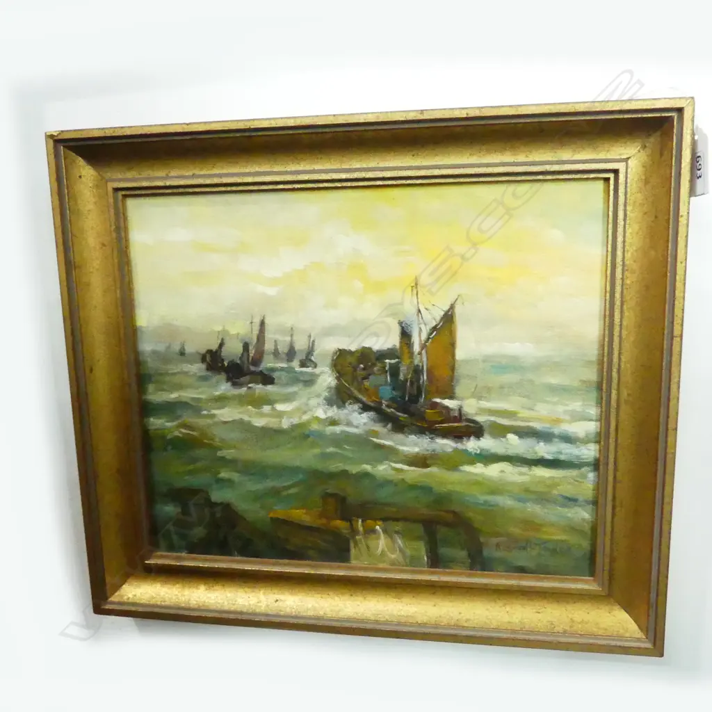 RUSSELL-TAYLOR, BOATS ON SEA, OIL ON BOARD 240x290mm Image 1++