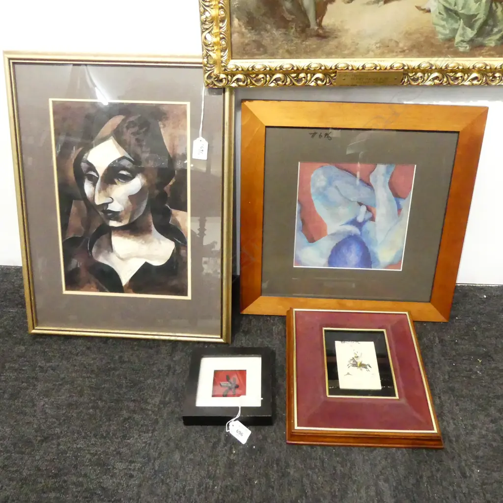 4 ARTWORKS; MALE NUDE PRINT, INDIAN MINIATURE, CHINESE SYMBOL, MURRAY GRIMSDALE 'RIA BLASSIS' INK & WASH 1970 340x230mm Image 1++