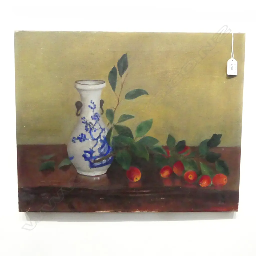 UNSIGNED STILL LIFE; VASE & FRUIT, OIL ON CANVAS 405x510mm Image 1++