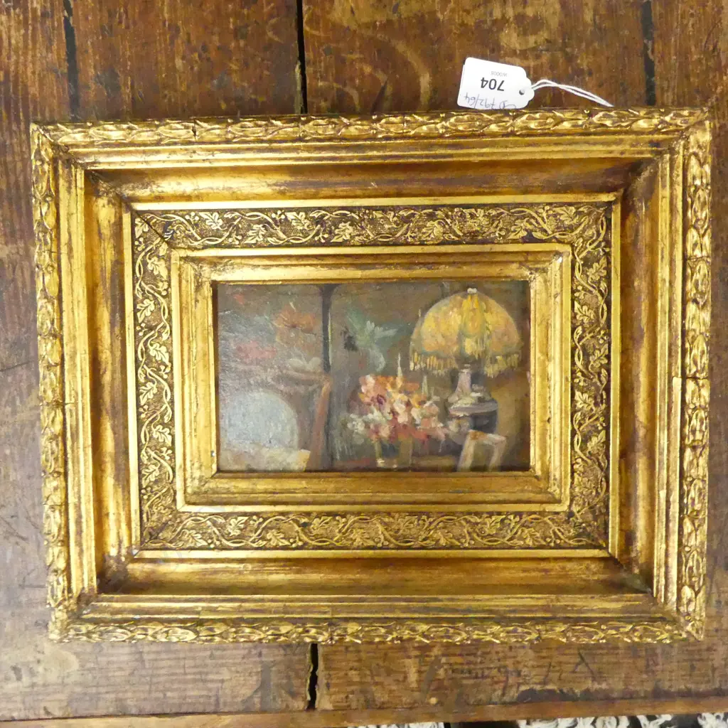 ARTIST UNKNOWN, INTERIOR SCENE, OIL ON BOARD 95x155mm Image 1++