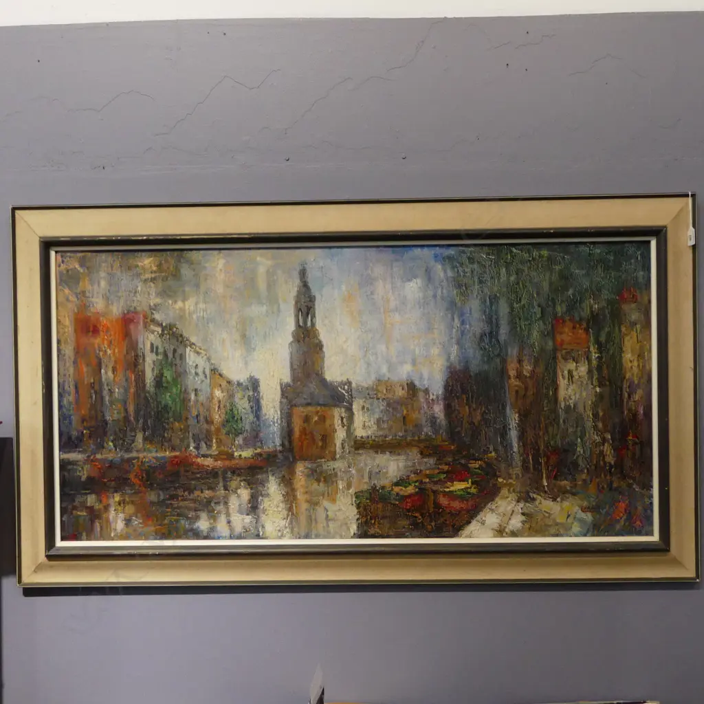 SIGNED ARTWORK, URBAN SCENE, OIL ON CANVAS 590x1200mm Image 1++