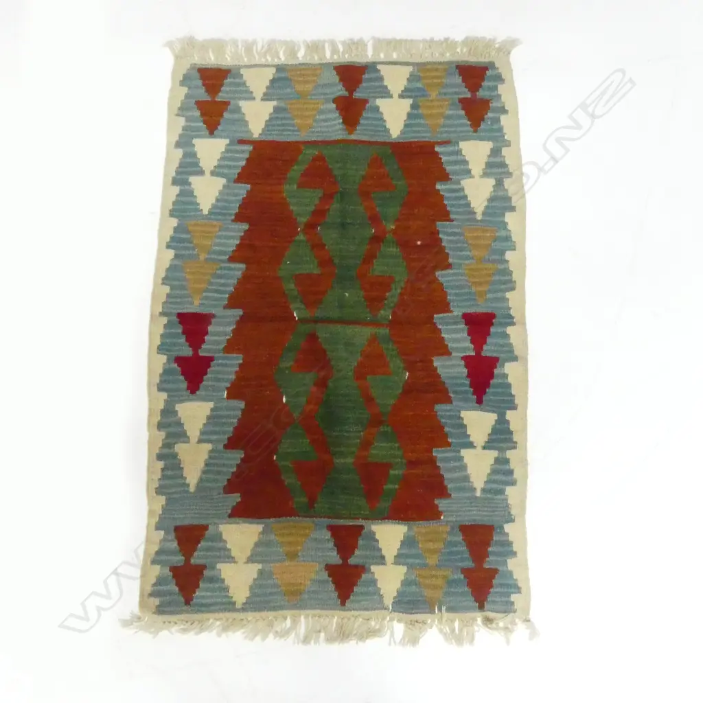 SMALL KELIM RUG GREEN & BROWN GEOMETRIC PAT L1110 W720MM Image 1++