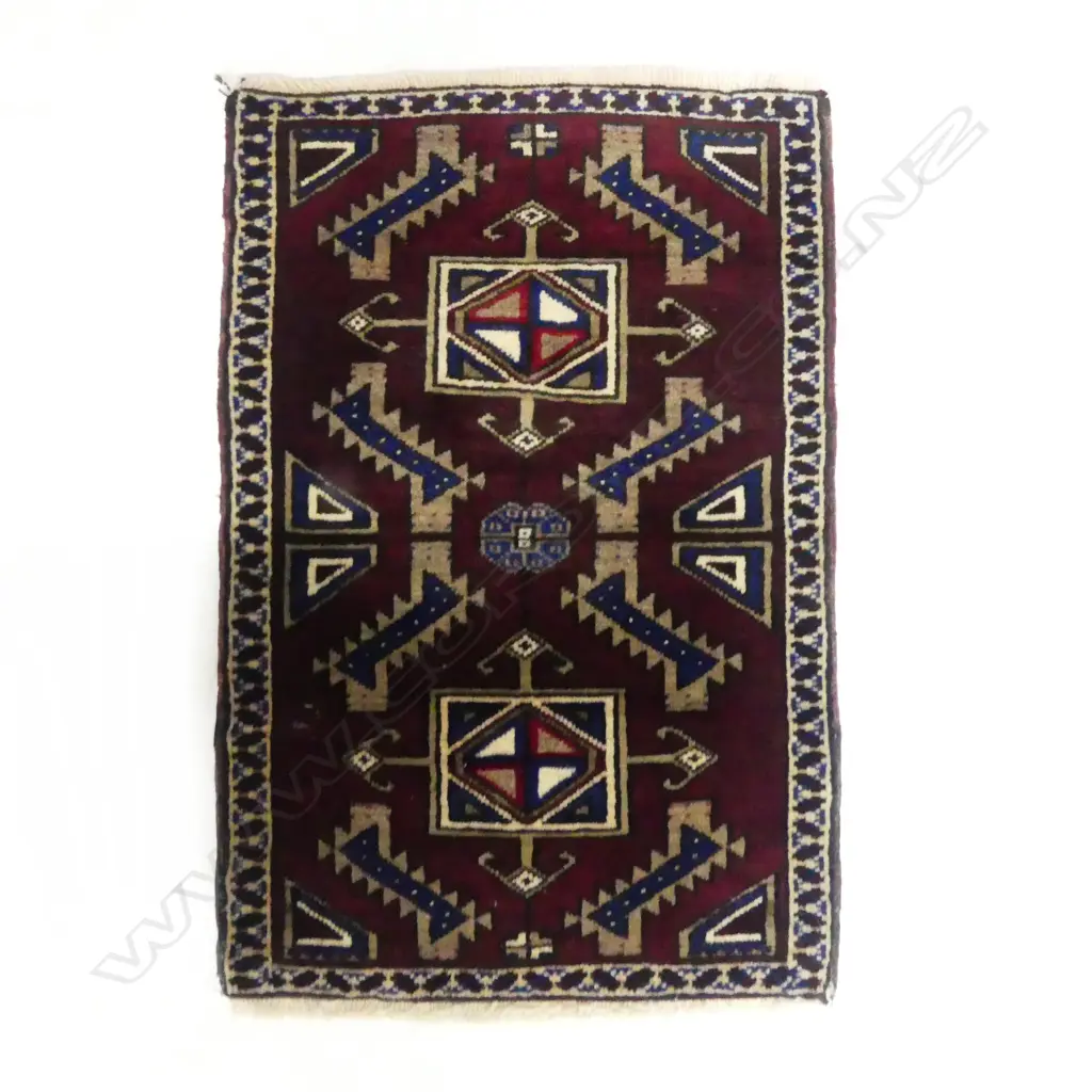 SMALL PERSIAN HAND KNOTTED RUG OX BLOOD & BLUE  COLOURS L850 W560MM Image 1++