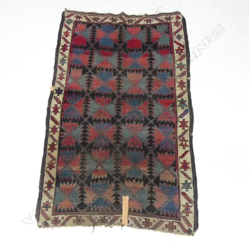 VINTAGE PERSIAN RUG SOME WEAR RED BLUE TONES L1520 W960MM Image 1++