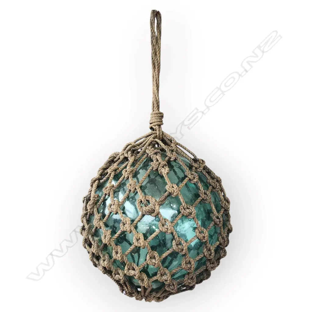 VINTAGE JAPANESE GLASS FISHING FLOATS WITH GLASS SEALS AND ROPE WORK - D.300mm Image 1++