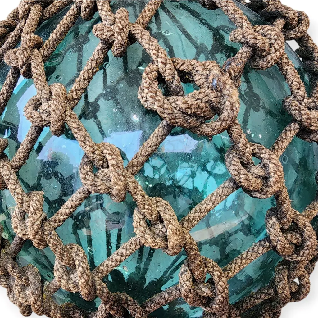 VINTAGE JAPANESE GLASS FISHING FLOATS WITH GLASS SEALS AND ROPE WORK - D.300mm Image 1++