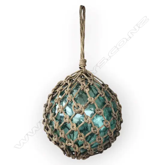 VINTAGE JAPANESE GLASS FISHING FLOATS WITH GLASS SEALS AND ROPE WORK - D.300mm