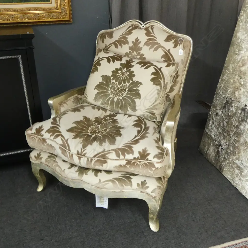 PAIR DESIGNER DURESTA ARMCHAIRS, BEIGE/GOLD DAMASK FABRIC, ANTIQUED-GILT SILVER FRAMES Image 1++