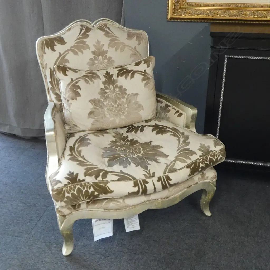 PAIR DESIGNER DURESTA ARMCHAIRS, BEIGE/GOLD DAMASK FABRIC, ANTIQUED-GILT SILVER FRAMES Image 1++