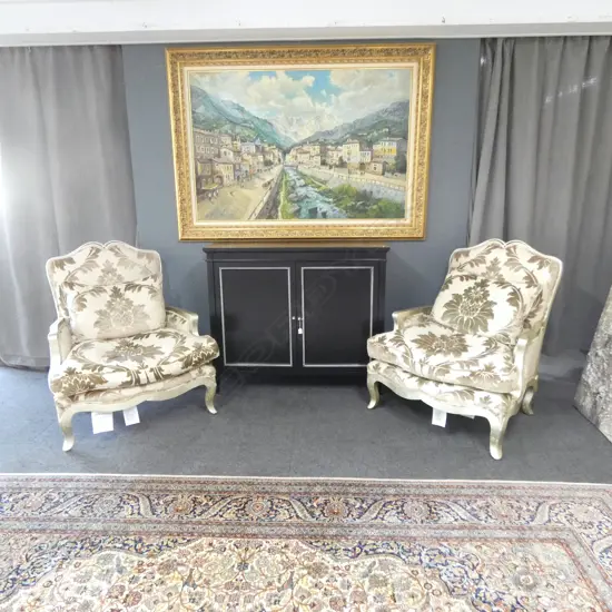 PAIR DESIGNER DURESTA ARMCHAIRS, BEIGE/GOLD DAMASK FABRIC, ANTIQUED-GILT SILVER FRAMES
