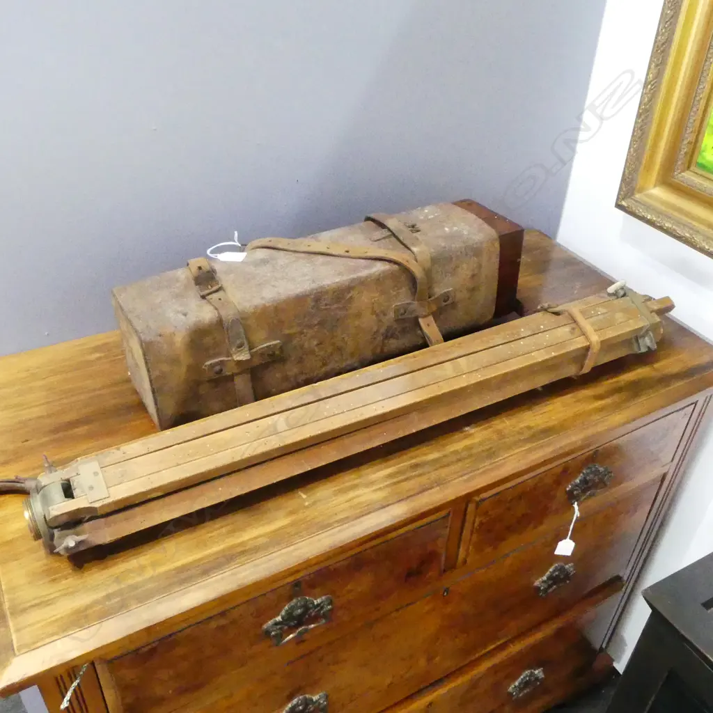 BRASS THEODOLITE IN MAHOGANY BOX IN LEATHER CASE W.500mm (TOO TOUGH TO OPEN) + WOODEN TRIPOD (BORER) Image 1++