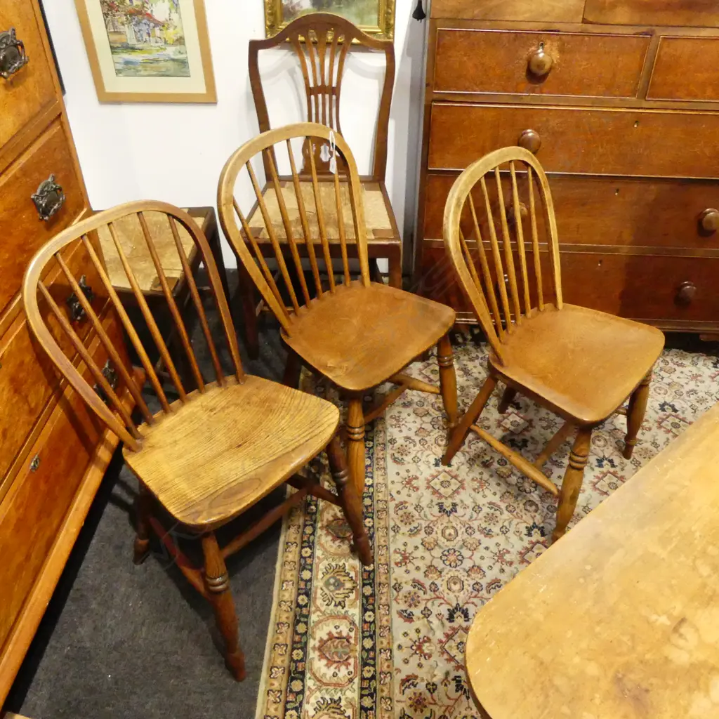 3 19thC ELM COUNTRY KITCHEN CHAIRS Windsor type hoop backs Image 1++