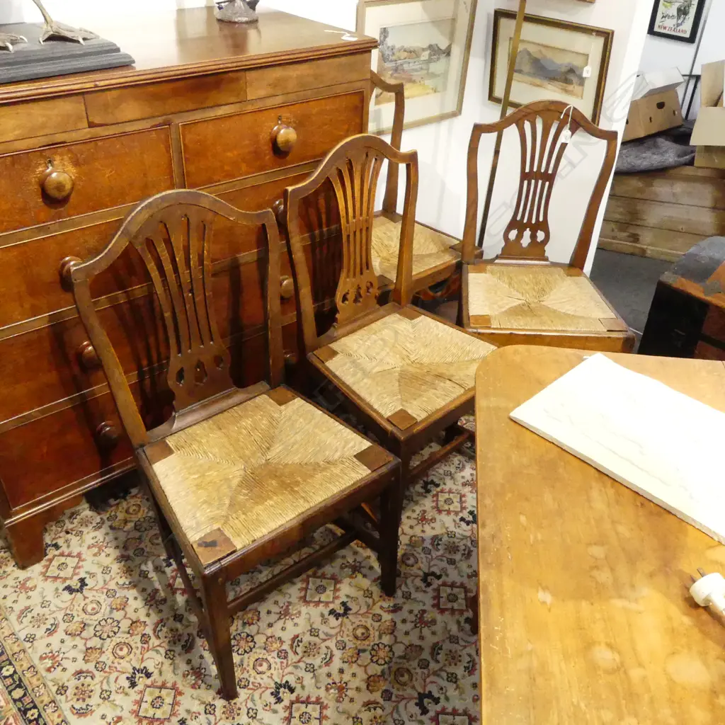 GEORGE III SET 4 ELM RUSH SEATED CHAIRS pierced splat backs Image 1++