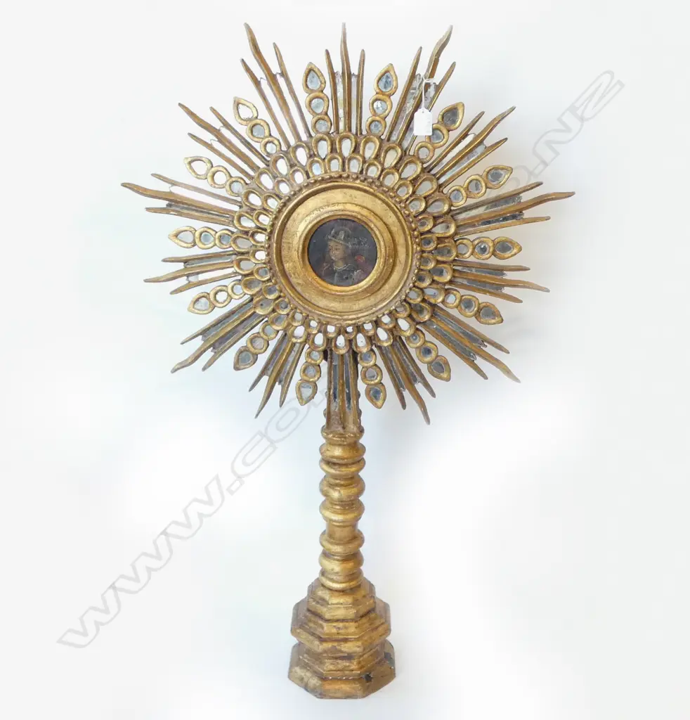 VINTAGE FANCY GILT SOUTH AMERICAN RELIGOUS MONSTRANCE (SUN ON STAND) mini painted portrait to center. H.1030mm Image 1++