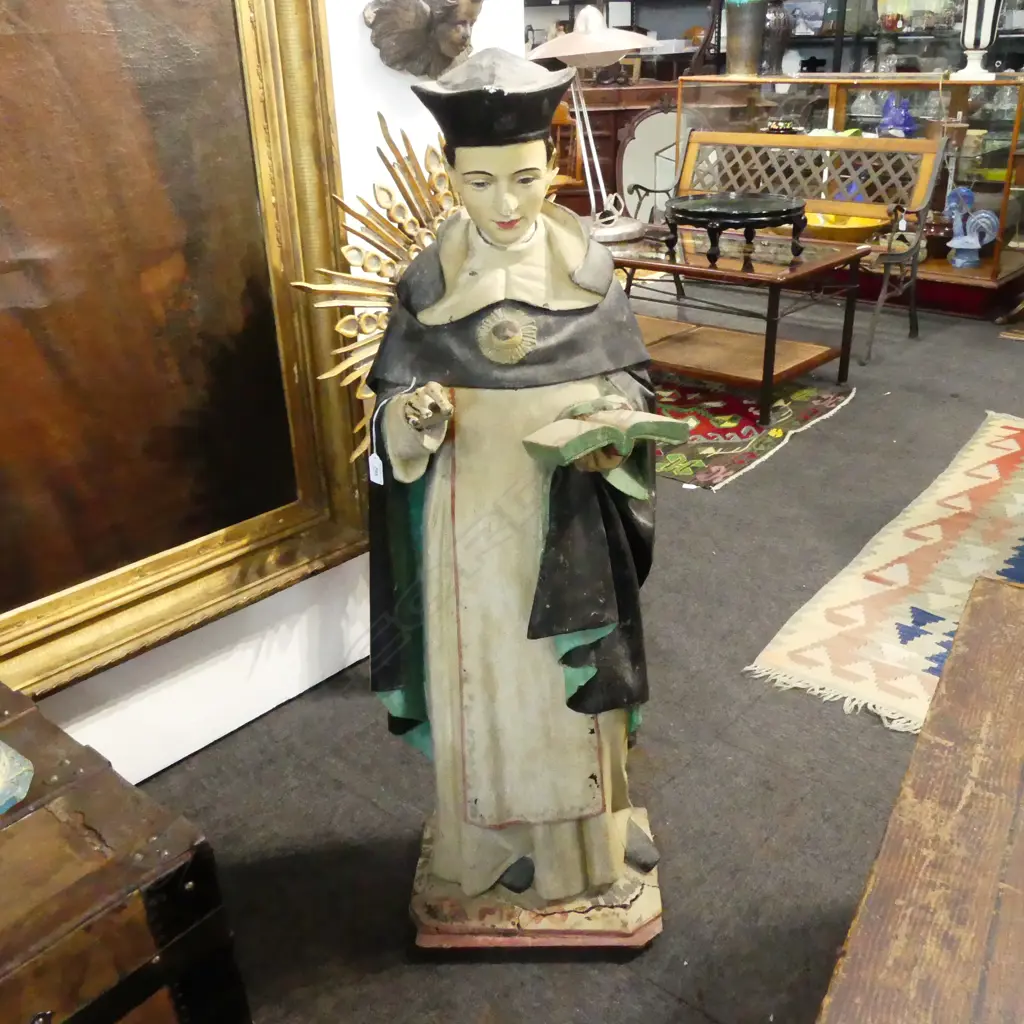**RTV** DISTRESSED VINTAGE PAINTED WOODEN RELIGIOUS STATUE DEPICTING THOMAS OF AQUINAS H.1100mm Image 1++