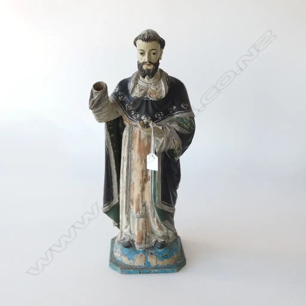 DISTRESSED VINTAGE PAINTED WOODEN RELIGIOUS STATUE DEPICTING  SAINT VINCENT FERRER H.530mm (HAND MISSING) Image 1++