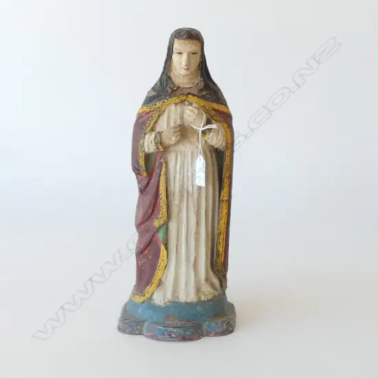 DISTRESSED VINTAGE PAINTED WOODEN RELIGIOUS STATUE H.380mm