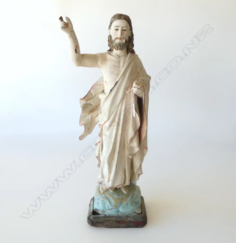 DISTRESSED VINTAGE PAINTED WOODEN RELIGIOUS STATUE DEPICTING JESUS CHRIST H.620mm Image 1++