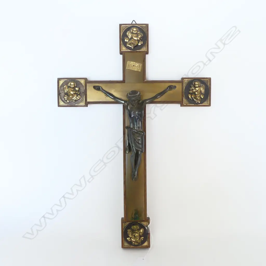 ART NOUVEAU WALL HUNG CRUCIFIX w BRASS ANGEL DETAIL, H.500mm Image 1++