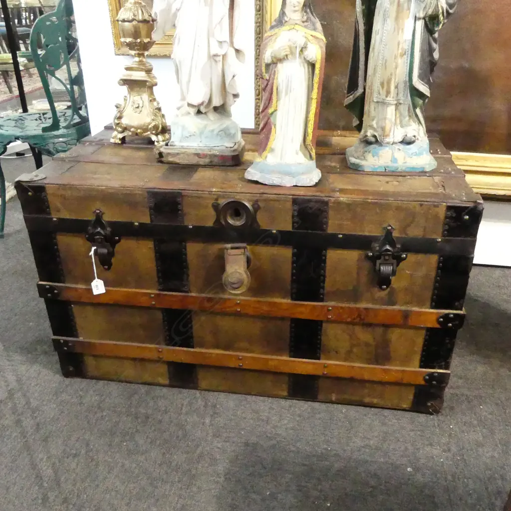 ANTIQUE LEATHER, WOOD & METAL BOUND 'WATKINSON' TRAVEL TRUNK 920x500x520mm Image 1++