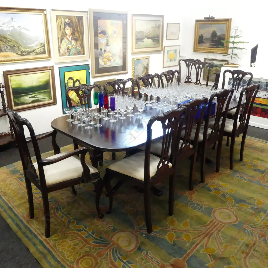REPRODUCTION MAHOGANY BANQUET TABLE 1050x2510x750mm w. 12 DINING CHAIRS  Image 1++