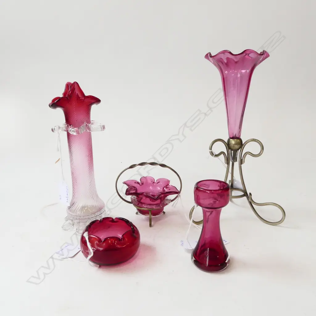 5PCS CRANBERRY GLASS EPHGNE VASE H250MM VASE H200 & 3 SMALL PCS Image 1++