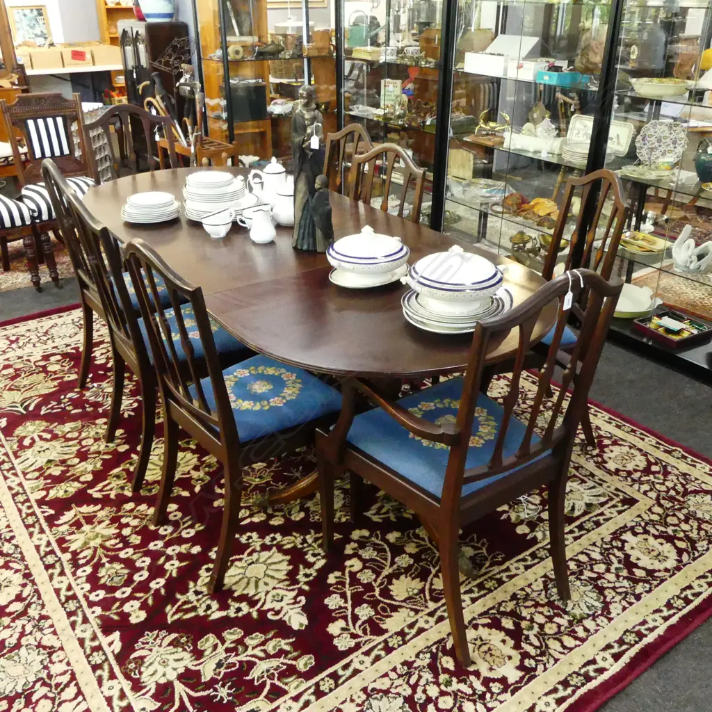 REGENCY STYLE DOUBLE PEDESTAL D END DINING TABLE + 8 SHERATON STYLE CHAIRS, 2 ARE CARVERS Image 1++